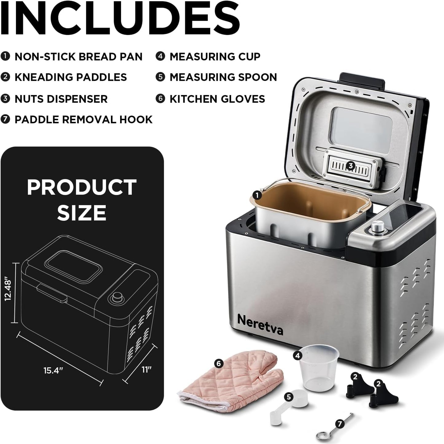 Neretva 3.3LB Bread Maker - 15-in-1 Stainless Steel Machine with Nonstick Ceramic Pan, Auto Nut Dispenser, and Full Touch Panel for Gluten-Free, White, Wheat, Rye, French, and Pizza Bread