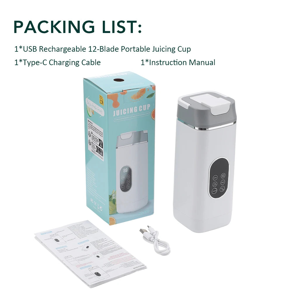Portable Electric Juicer 6-Blade with USB Charging - 2 Travel Cups
