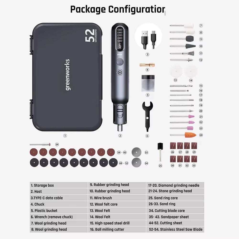 Greenworks 8V Cordless Mini Engraving Grinder with 52 Accessories, 80W Variable Speed Electric Engraving Tool, Lithium Battery