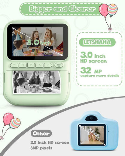 Kids Instant Print Camera, 32MP HD Photo with 3.0-Inch Screen, Christmas Birthday Gift for Boys Girls Age 3-12, Portable Digital Camera for Kids Reusable Digital Kids Camera with SD Card Perfect Gift for Christmas, Birthday, Toddler Gift