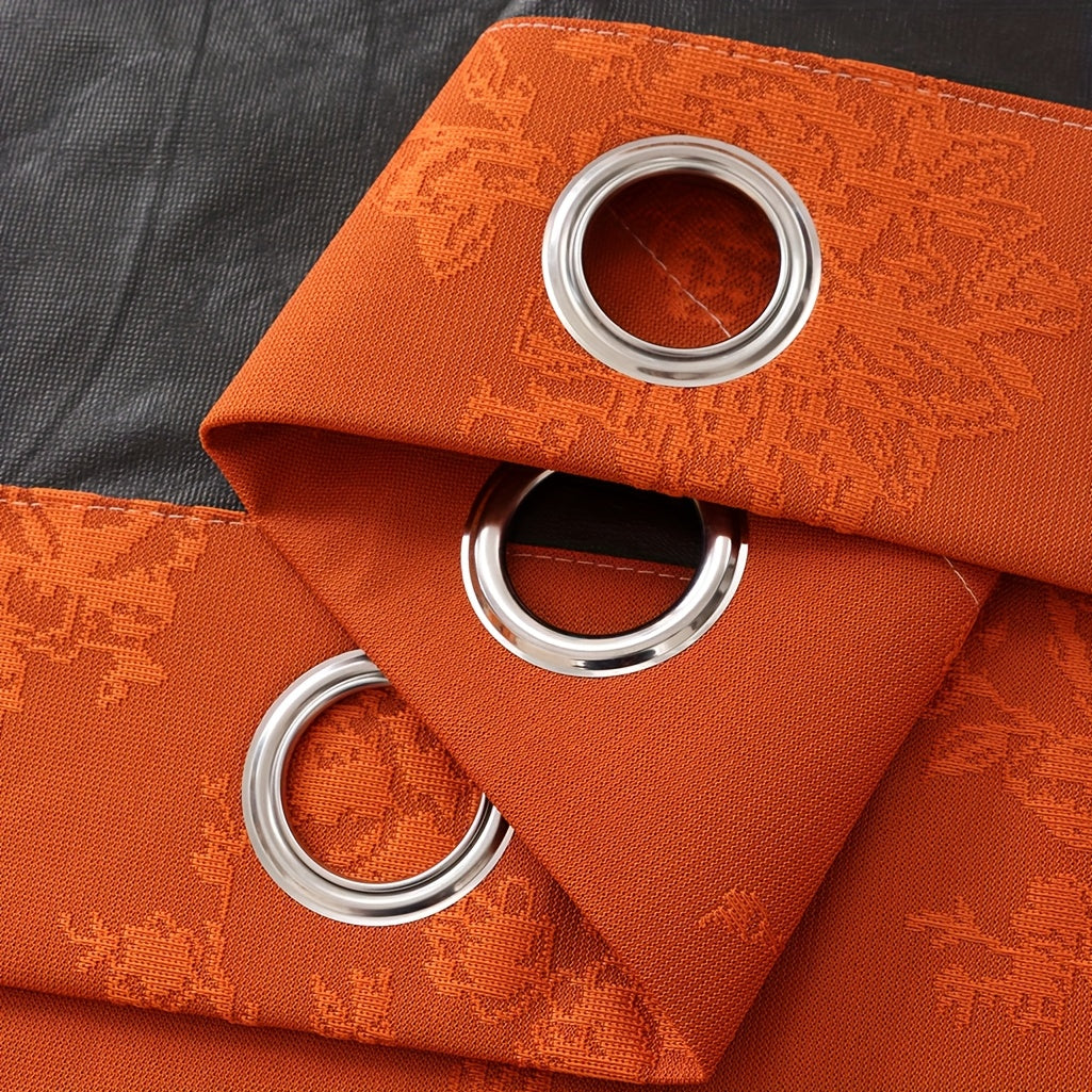 1pc Full Blackout Orange And Beige Peony Laminated Light Luxury Draping Three-Dimensional Perforated Curtains