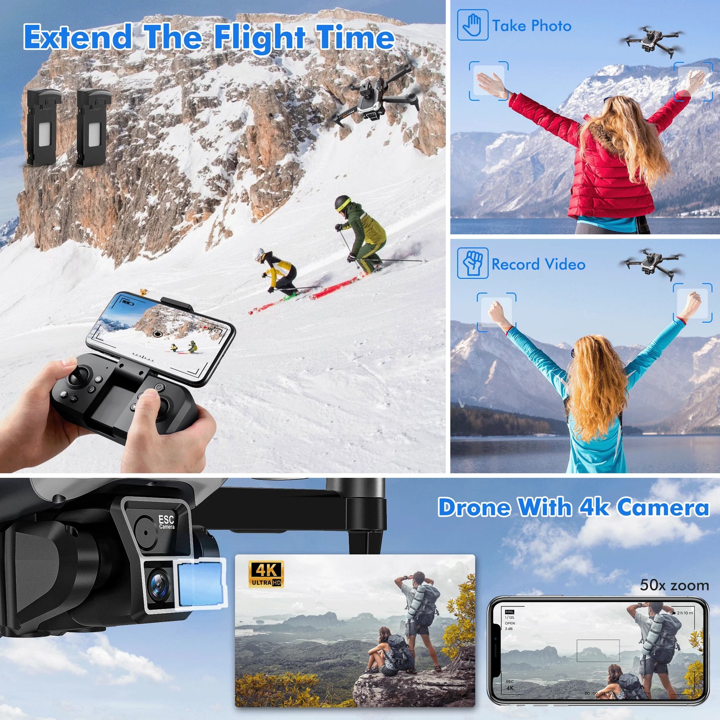 Drone with Camera for Kids Adults 4K,  RC Drones Foldable Fpv Quadcopter for Beginners with 3 Cameras & Batteries, LED Lights