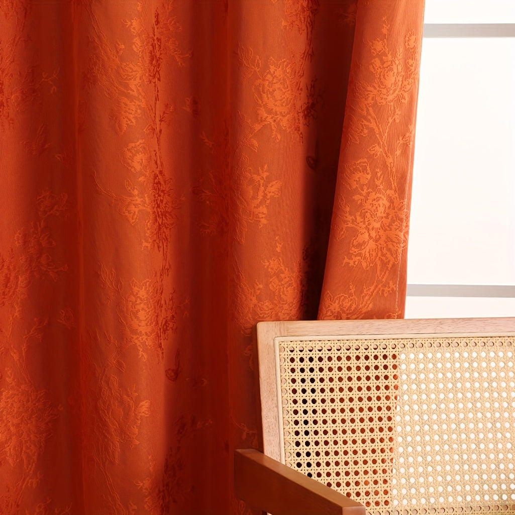 1pc Full Blackout Orange And Beige Peony Laminated Light Luxury Draping Three-Dimensional Perforated Curtains