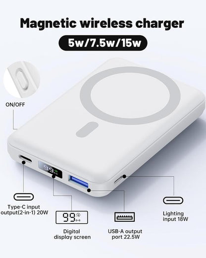 Wireless Charging Power Bank, 10000 Mah Power Bank with Folding Stand and USB-C Cable LED Display, Magnetic Power Bank 22.5W PD Fast Charging for Iphone