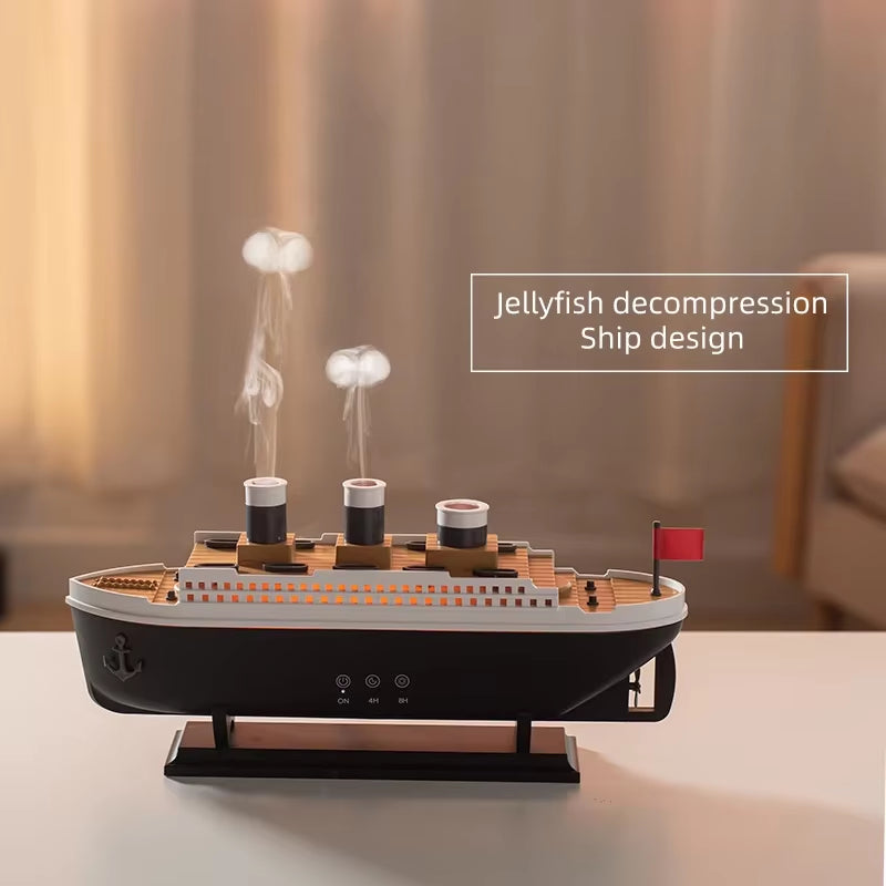Titanic Ship Model Air Humidifier and Essential Oil Diffuser with Jellyfish Smoke Ring Spray for Home Decor, 250ml Capacity