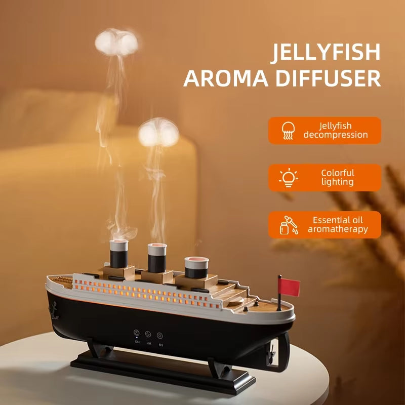 Titanic Ship Model Air Humidifier and Essential Oil Diffuser with Jellyfish Smoke Ring Spray for Home Decor, 250ml Capacity