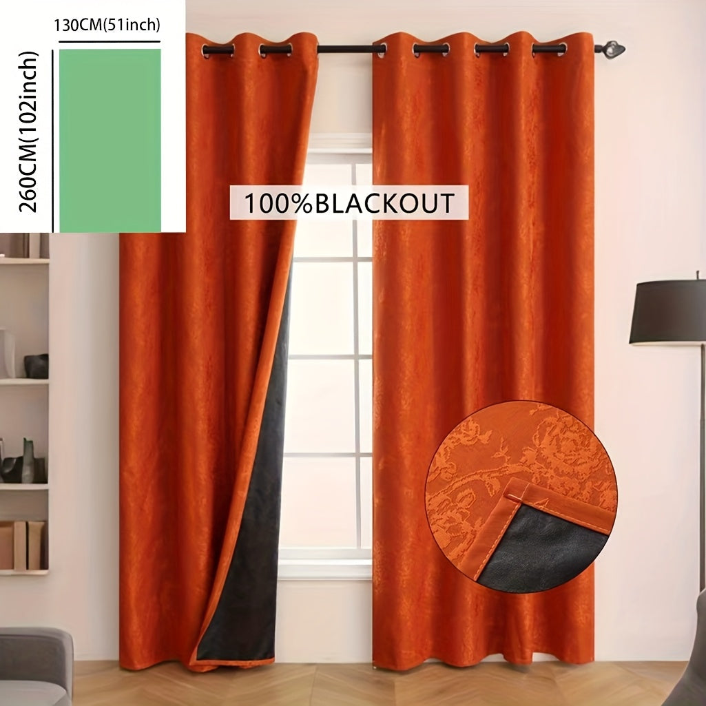 1pc Full Blackout Orange And Beige Peony Laminated Light Luxury Draping Three-Dimensional Perforated Curtains
