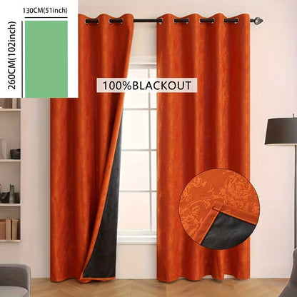 1pc Full Blackout Orange And Beige Peony Laminated Light Luxury Draping Three-Dimensional Perforated Curtains