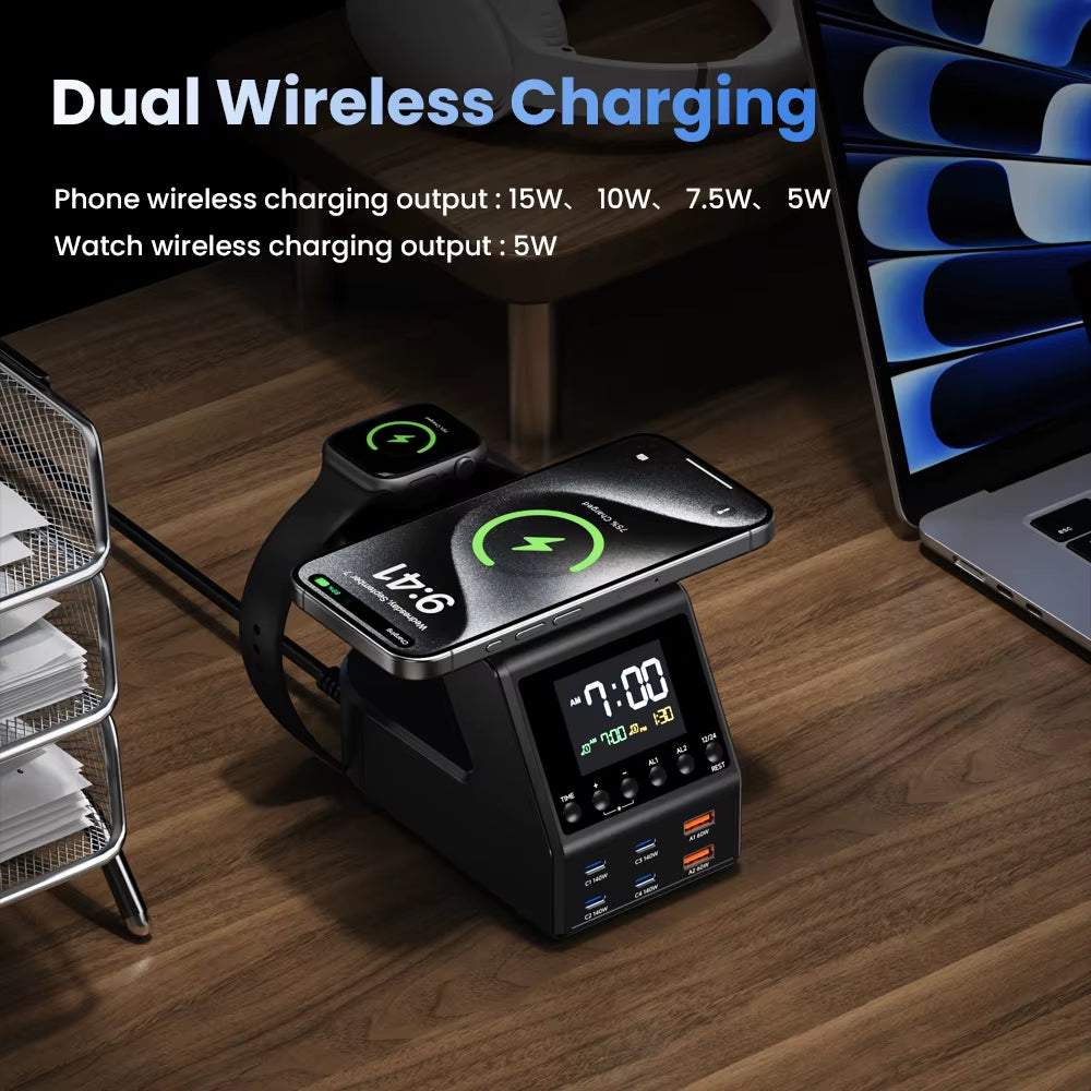 240W GaN Charging Station with 4×140W PD3.1 USB Type-C and Wireless Fast Charging for MacBook, iPad, and Samsung Devices with Alarm Clock and Time Display