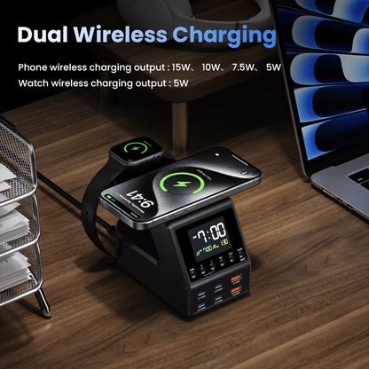 240W GaN Charging Station with 4×140W PD3.1 USB Type-C and Wireless Fast Charging for MacBook, iPad, and Samsung Devices with Alarm Clock and Time Display