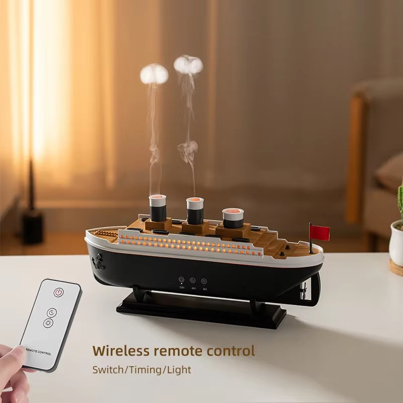 Titanic Ship Model Air Humidifier and Essential Oil Diffuser with Jellyfish Smoke Ring Spray for Home Decor, 250ml Capacity