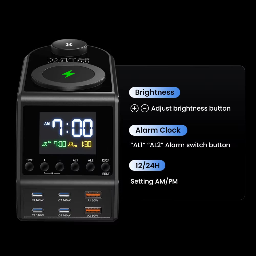 240W GaN Charging Station with 4×140W PD3.1 USB Type-C and Wireless Fast Charging for MacBook, iPad, and Samsung Devices with Alarm Clock and Time Display