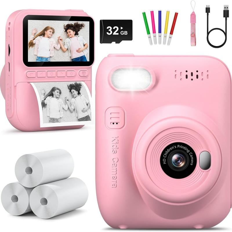Kids Instant Print Camera, 32MP HD Photo with 3.0-Inch Screen, Christmas Birthday Gift for Boys Girls Age 3-12, Portable Digital Camera for Kids Reusable Digital Kids Camera with SD Card Perfect Gift for Christmas, Birthday, Toddler Gift