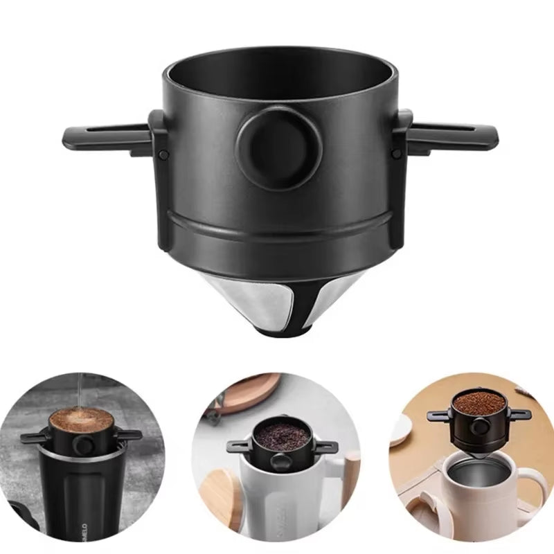 Portable Hand-Brewed Coffee Filter Cup Stainless Steel Folding Ear Filter Drip-Free Coffee Filter Cup with Bottom Tray