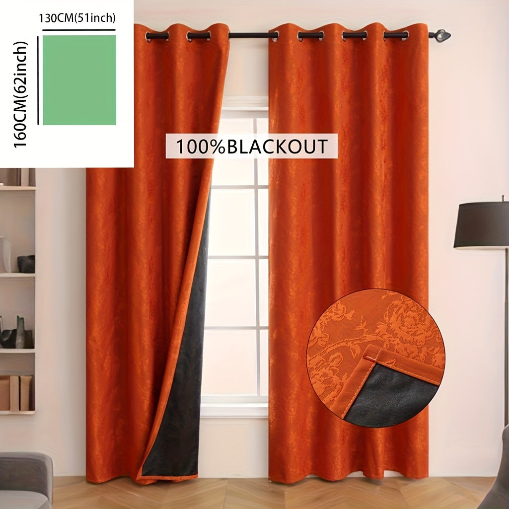 1pc Full Blackout Orange And Beige Peony Laminated Light Luxury Draping Three-Dimensional Perforated Curtains