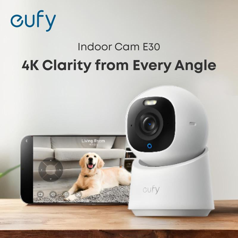 Eufy Indoor Cam E30, Latest Generation, 4K UHD Security Camera, 360 Pan-Tilt, Color Night Vision, AI Detection for Human/Pet/Audio/Crying, Human/Pet Auto Tracking, Works with Homekit