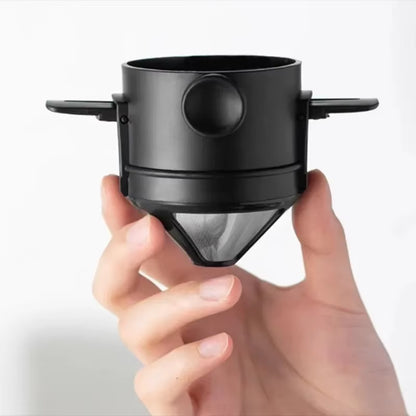 Portable Hand-Brewed Coffee Filter Cup Stainless Steel Folding Ear Filter Drip-Free Coffee Filter Cup with Bottom Tray