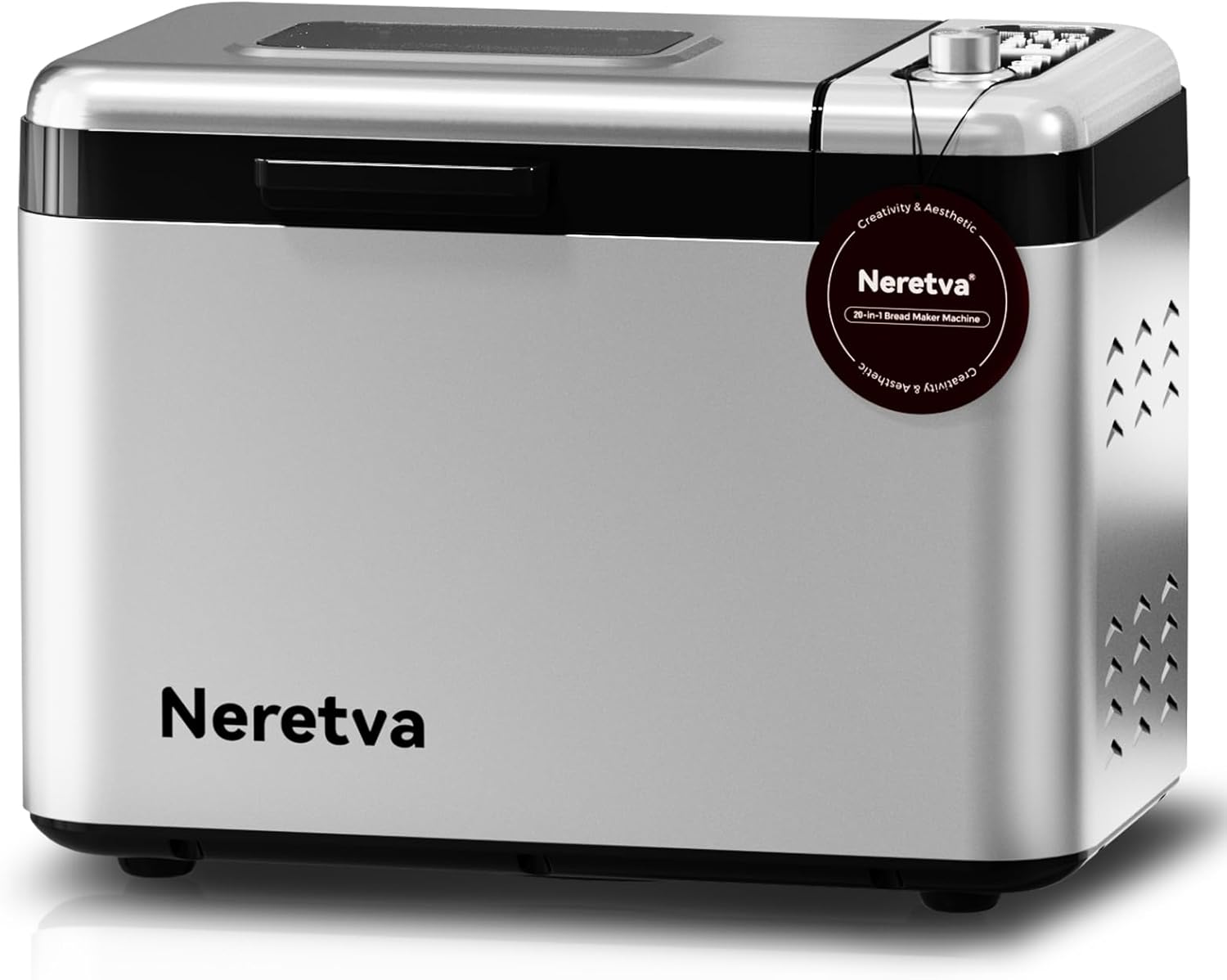 Neretva 3.3LB Bread Maker - 15-in-1 Stainless Steel Machine with Nonstick Ceramic Pan, Auto Nut Dispenser, and Full Touch Panel for Gluten-Free, White, Wheat, Rye, French, and Pizza Bread