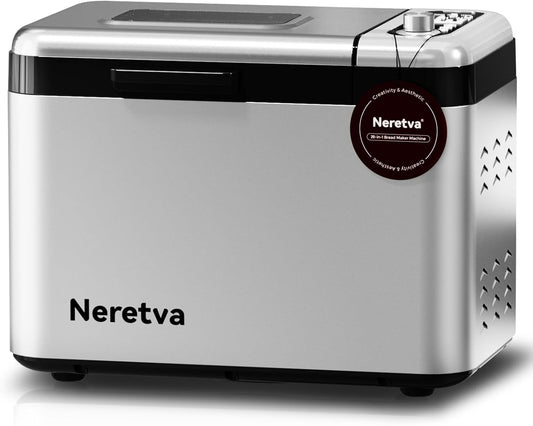 Neretva 3.3LB Bread Maker - 15-in-1 Stainless Steel Machine with Nonstick Ceramic Pan, Auto Nut Dispenser, and Full Touch Panel for Gluten-Free, White, Wheat, Rye, French, and Pizza Bread