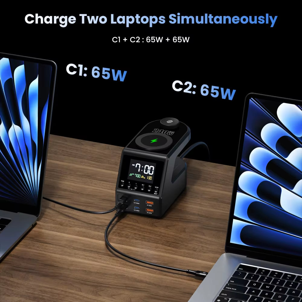 240W GaN Charging Station with 4×140W PD3.1 USB Type-C and Wireless Fast Charging for MacBook, iPad, and Samsung Devices with Alarm Clock and Time Display