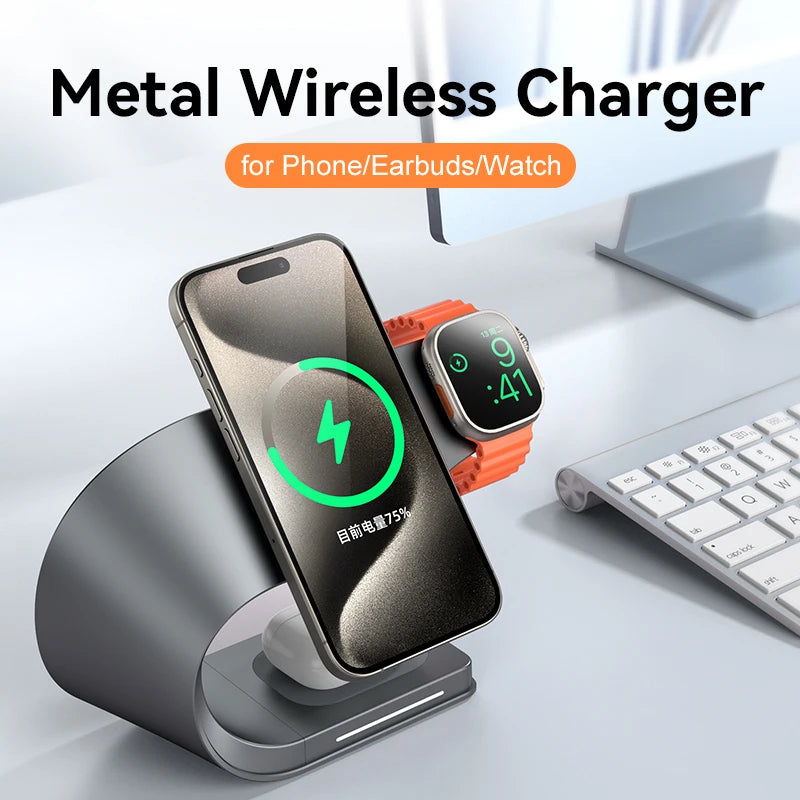 4-in-1 Wireless Charging Station with Metal Shell and Magnetic Fast Charging - 15W Output