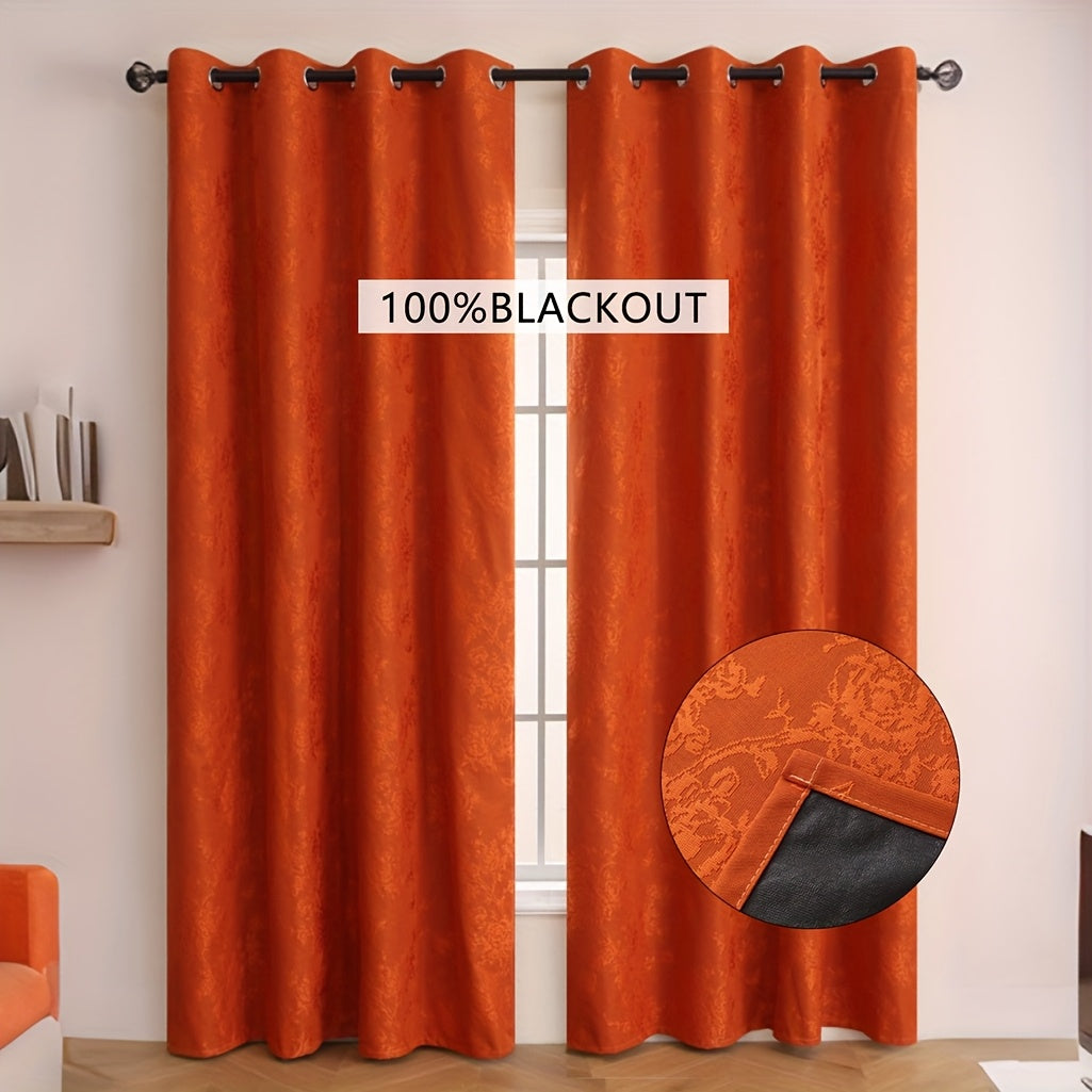 1pc Full Blackout Orange And Beige Peony Laminated Light Luxury Draping Three-Dimensional Perforated Curtains