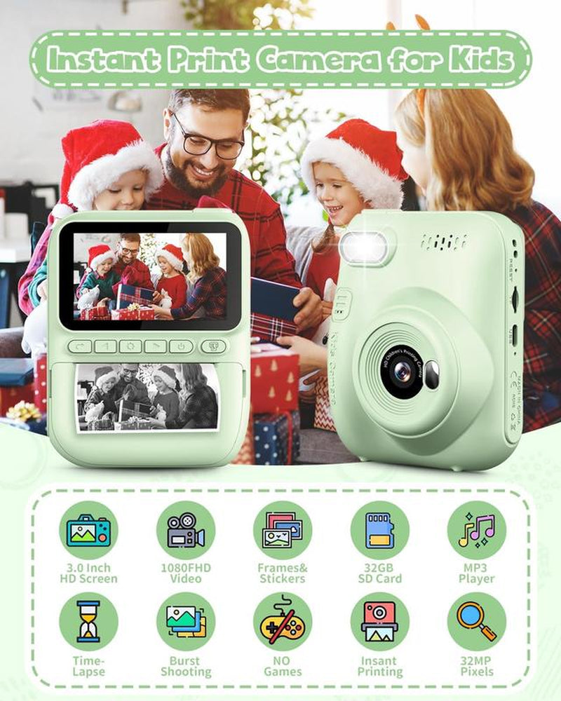 Kids Instant Print Camera, 32MP HD Photo with 3.0-Inch Screen, Christmas Birthday Gift for Boys Girls Age 3-12, Portable Digital Camera for Kids Reusable Digital Kids Camera with SD Card Perfect Gift for Christmas, Birthday, Toddler Gift