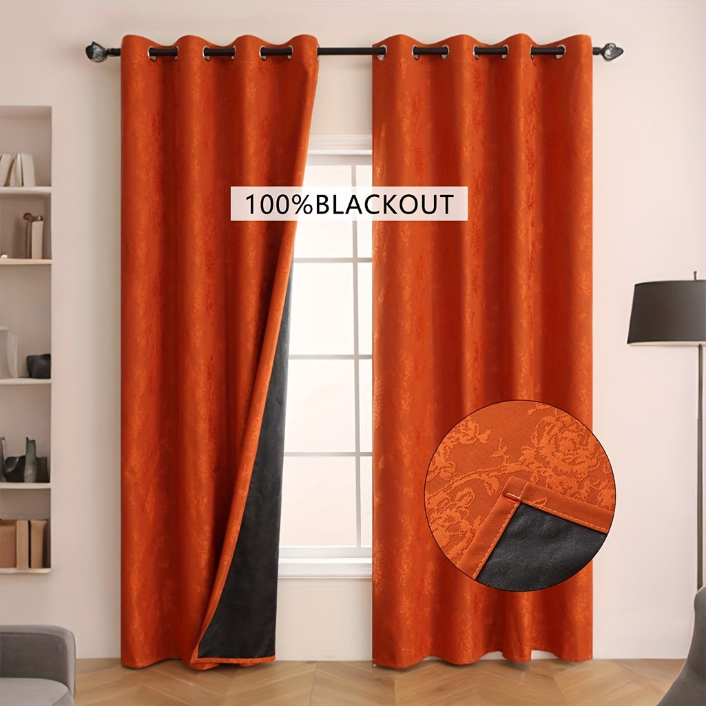1pc Full Blackout Orange And Beige Peony Laminated Light Luxury Draping Three-Dimensional Perforated Curtains