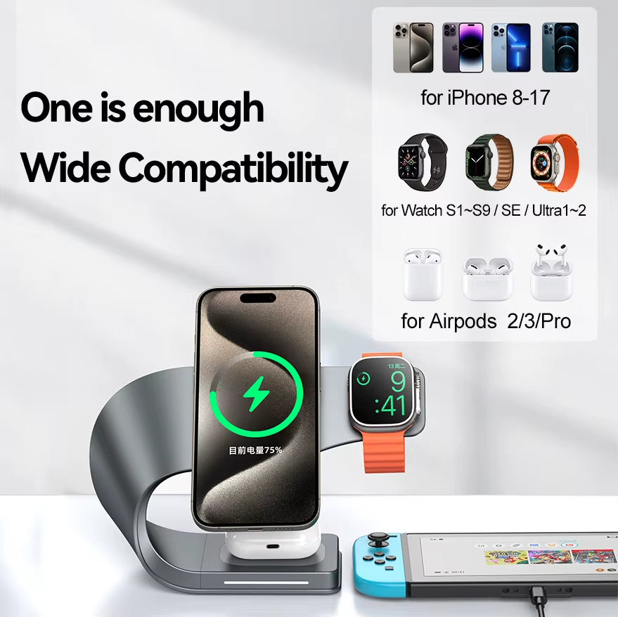 4-in-1 Wireless Charging Station with Metal Shell and Magnetic Fast Charging - 15W Output