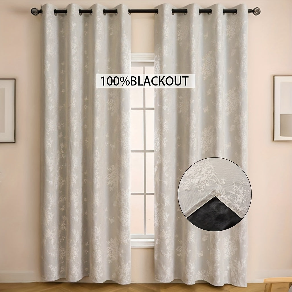 1pc Full Blackout Orange And Beige Peony Laminated Light Luxury Draping Three-Dimensional Perforated Curtains