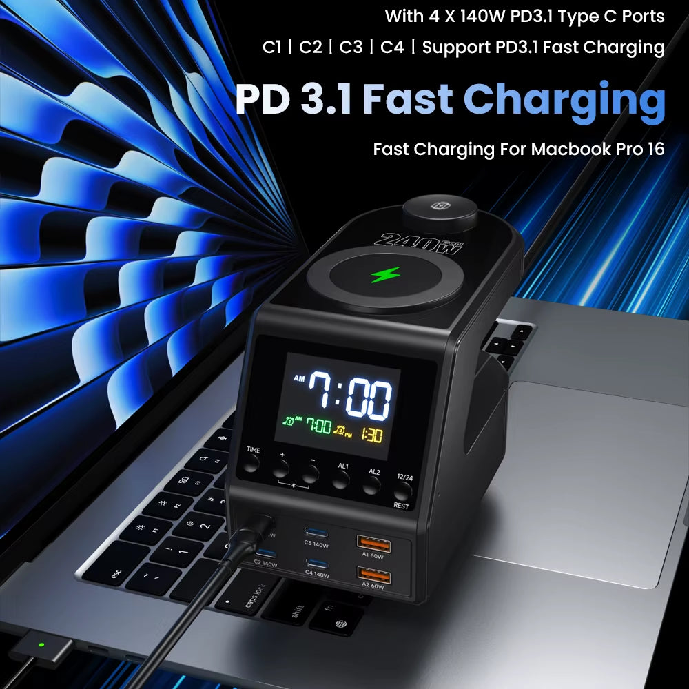 240W GaN Charging Station with 4×140W PD3.1 USB Type-C and Wireless Fast Charging for MacBook, iPad, and Samsung Devices with Alarm Clock and Time Display
