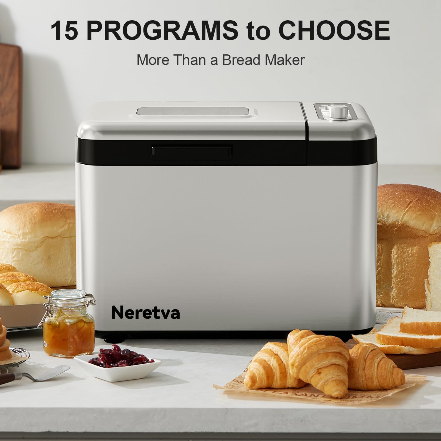 Neretva 3.3LB Bread Maker - 15-in-1 Stainless Steel Machine with Nonstick Ceramic Pan, Auto Nut Dispenser, and Full Touch Panel for Gluten-Free, White, Wheat, Rye, French, and Pizza Bread