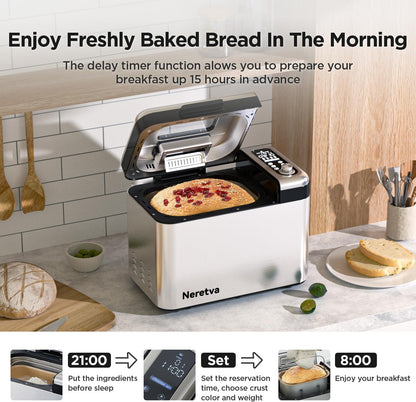 Neretva 3.3LB Bread Maker - 15-in-1 Stainless Steel Machine with Nonstick Ceramic Pan, Auto Nut Dispenser, and Full Touch Panel for Gluten-Free, White, Wheat, Rye, French, and Pizza Bread