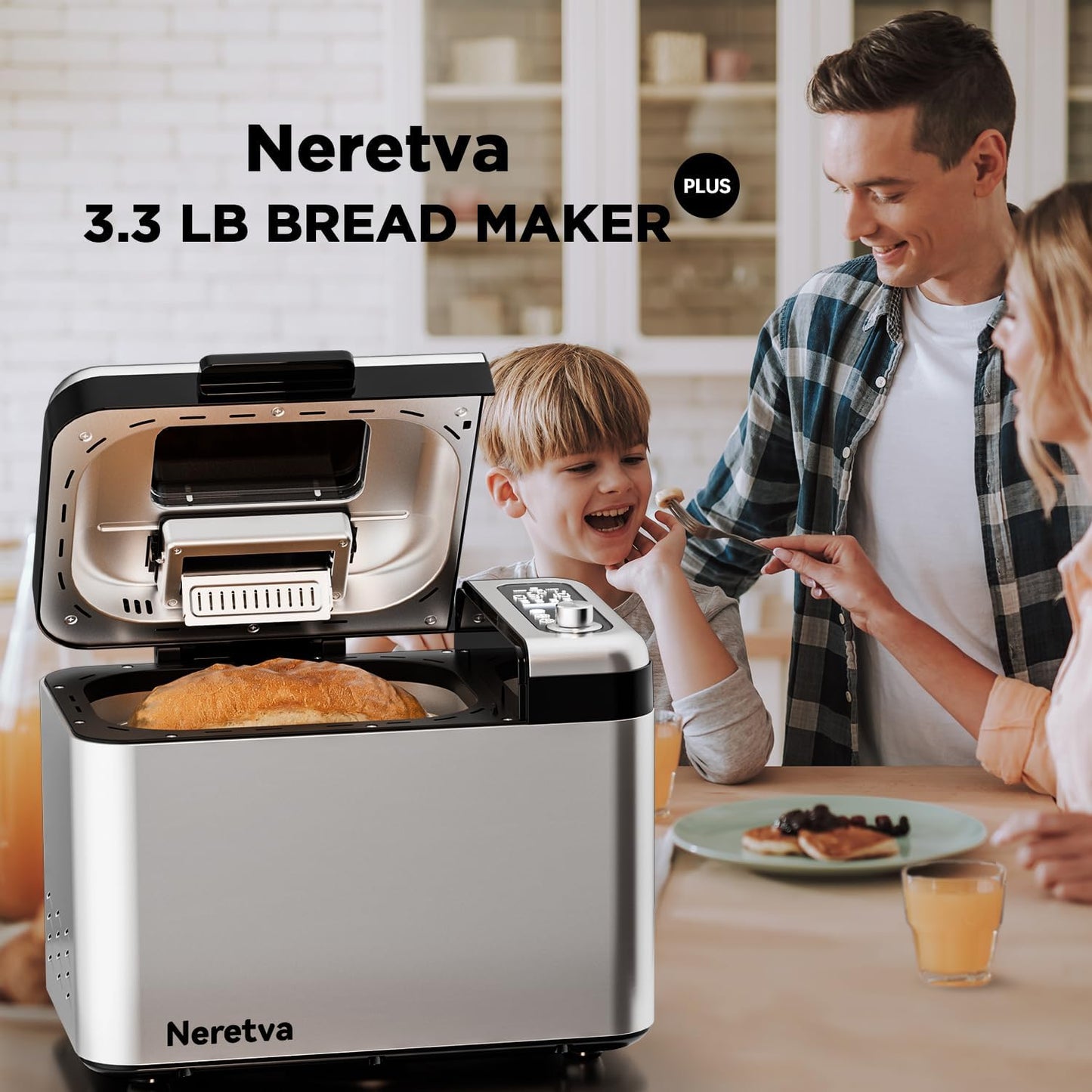 Neretva 3.3LB Bread Maker - 15-in-1 Stainless Steel Machine with Nonstick Ceramic Pan, Auto Nut Dispenser, and Full Touch Panel for Gluten-Free, White, Wheat, Rye, French, and Pizza Bread
