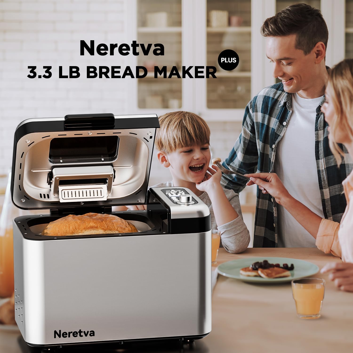 Neretva 3.3LB Bread Maker - 15-in-1 Stainless Steel Machine with Nonstick Ceramic Pan, Auto Nut Dispenser, and Full Touch Panel for Gluten-Free, White, Wheat, Rye, French, and Pizza Bread