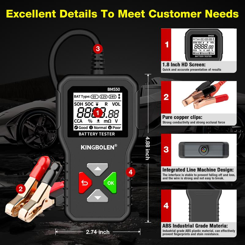 KINGBOLEN BM550 Automotive Battery Tester 6V 12V 24V Car Truck Motorcycles Boats Vehicle Battery Analyzer 100-2000 CCA