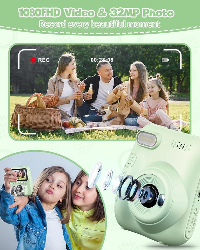 Kids Instant Print Camera, 32MP HD Photo with 3.0-Inch Screen, Christmas Birthday Gift for Boys Girls Age 3-12, Portable Digital Camera for Kids Reusable Digital Kids Camera with SD Card Perfect Gift for Christmas, Birthday, Toddler Gift