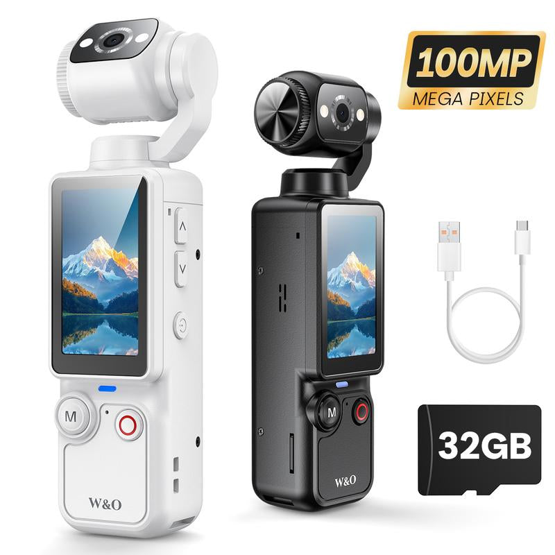 W&O Portable 2.5K Ultra HD Video Recorder with 180° Rotating Lens, Handheld Stabilizer Pocket Camera, Full Body Camera for Vlogging, Travel & Daily Life Recording, USB Rechargeable, Black, Vlogging Camera, Modern Gadget, Durable Construction, Camcorder