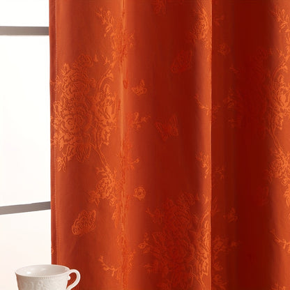 1pc Full Blackout Orange And Beige Peony Laminated Light Luxury Draping Three-Dimensional Perforated Curtains