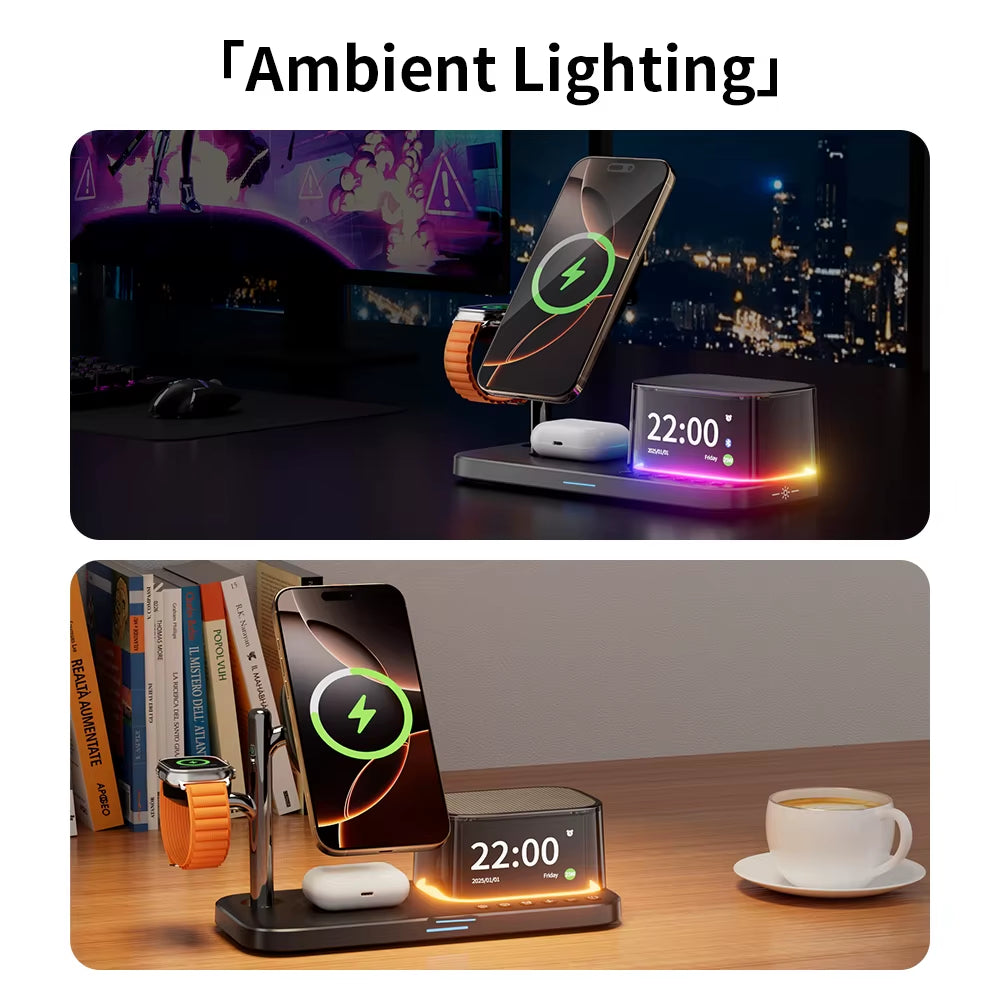 Qi2 25W Wireless Charger and Multifunctional RGB Desk Alarm Clock with Bluetooth Speaker - 5-in-1 Fast Charging Solution for iPhone 17 and 16