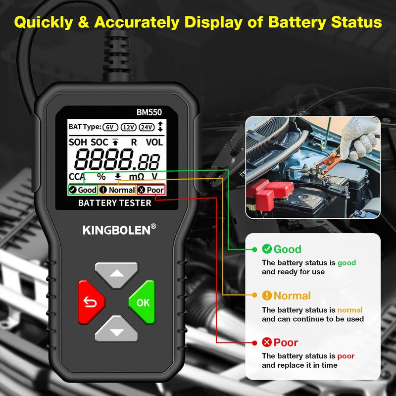 KINGBOLEN BM550 Automotive Battery Tester 6V 12V 24V Car Truck Motorcycles Boats Vehicle Battery Analyzer 100-2000 CCA