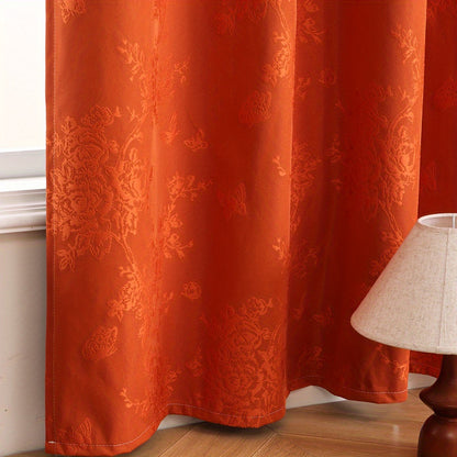 1pc Full Blackout Orange And Beige Peony Laminated Light Luxury Draping Three-Dimensional Perforated Curtains