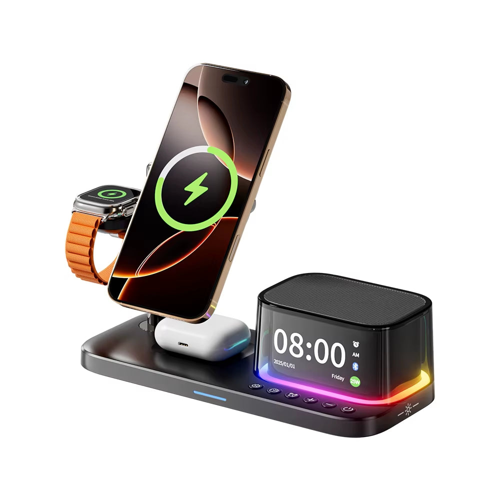 Qi2 25W Wireless Charger and Multifunctional RGB Desk Alarm Clock with Bluetooth Speaker - 5-in-1 Fast Charging Solution for iPhone 17 and 16