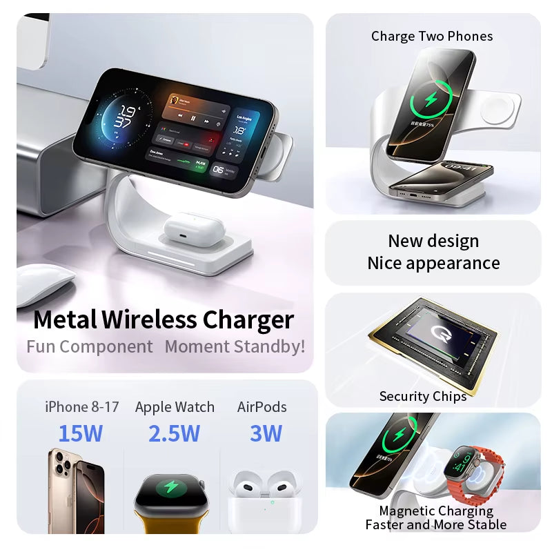 4-in-1 Wireless Charging Station with Metal Shell and Magnetic Fast Charging - 15W Output