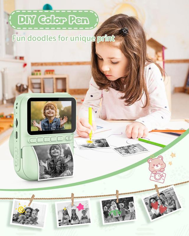 Kids Instant Print Camera, 32MP HD Photo with 3.0-Inch Screen, Christmas Birthday Gift for Boys Girls Age 3-12, Portable Digital Camera for Kids Reusable Digital Kids Camera with SD Card Perfect Gift for Christmas, Birthday, Toddler Gift