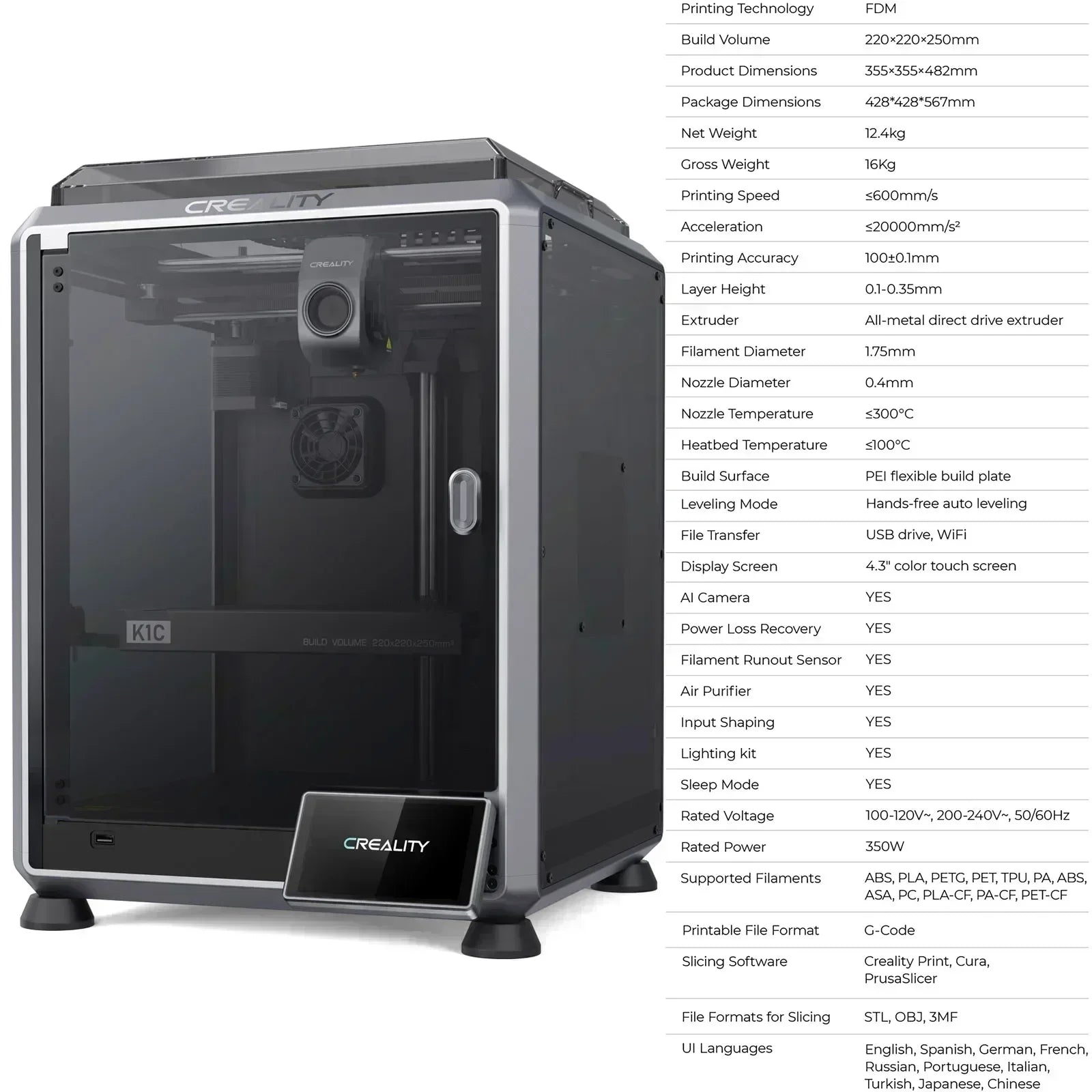 Creality K1C 3D Printer with 600mm/s Speed, AI Camera, Stable Frame, Auto Leveling, and Dual Fan Direct Cooling Extruder