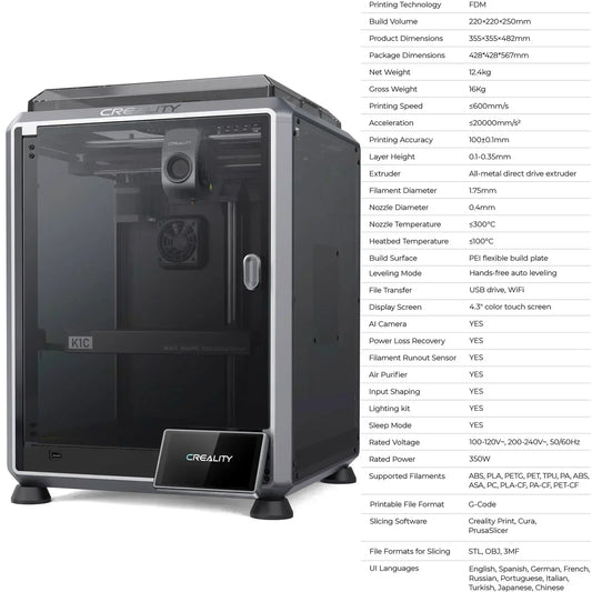 Creality K1C 3D Printer with 600mm/s Speed, AI Camera, Stable Frame, Auto Leveling, and Dual Fan Direct Cooling Extruder