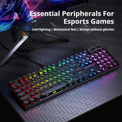 GX330 Retro Punk Wired Gaming Keyboard with RGB Backlighting, 104 Round Keycaps for Windows Laptops and PCs - Black