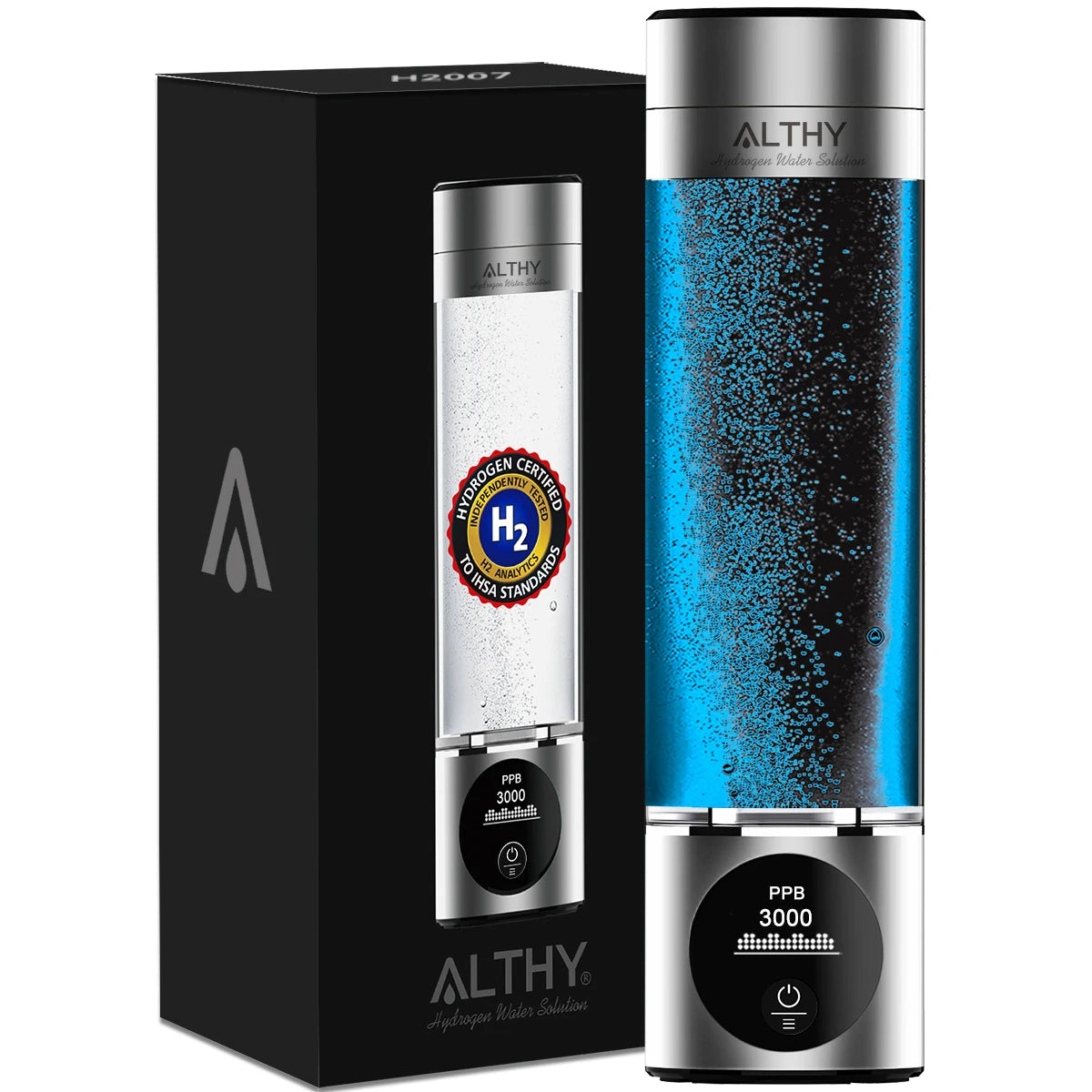 ALTHY Hydrogen Water Generator Bottle with Dupont SPE+PEM Dual Chamber, Ppb & Time & Battery Display, and H2 Inhalation Device
