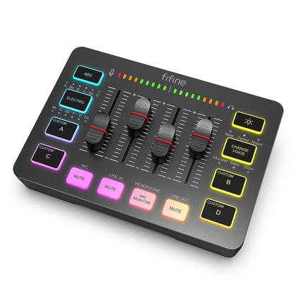 Audio Mixer Professional 4-Channel RGB with XLR Microphone Interface for Gaming, Podcasting, and Streaming - Ampligame SC3